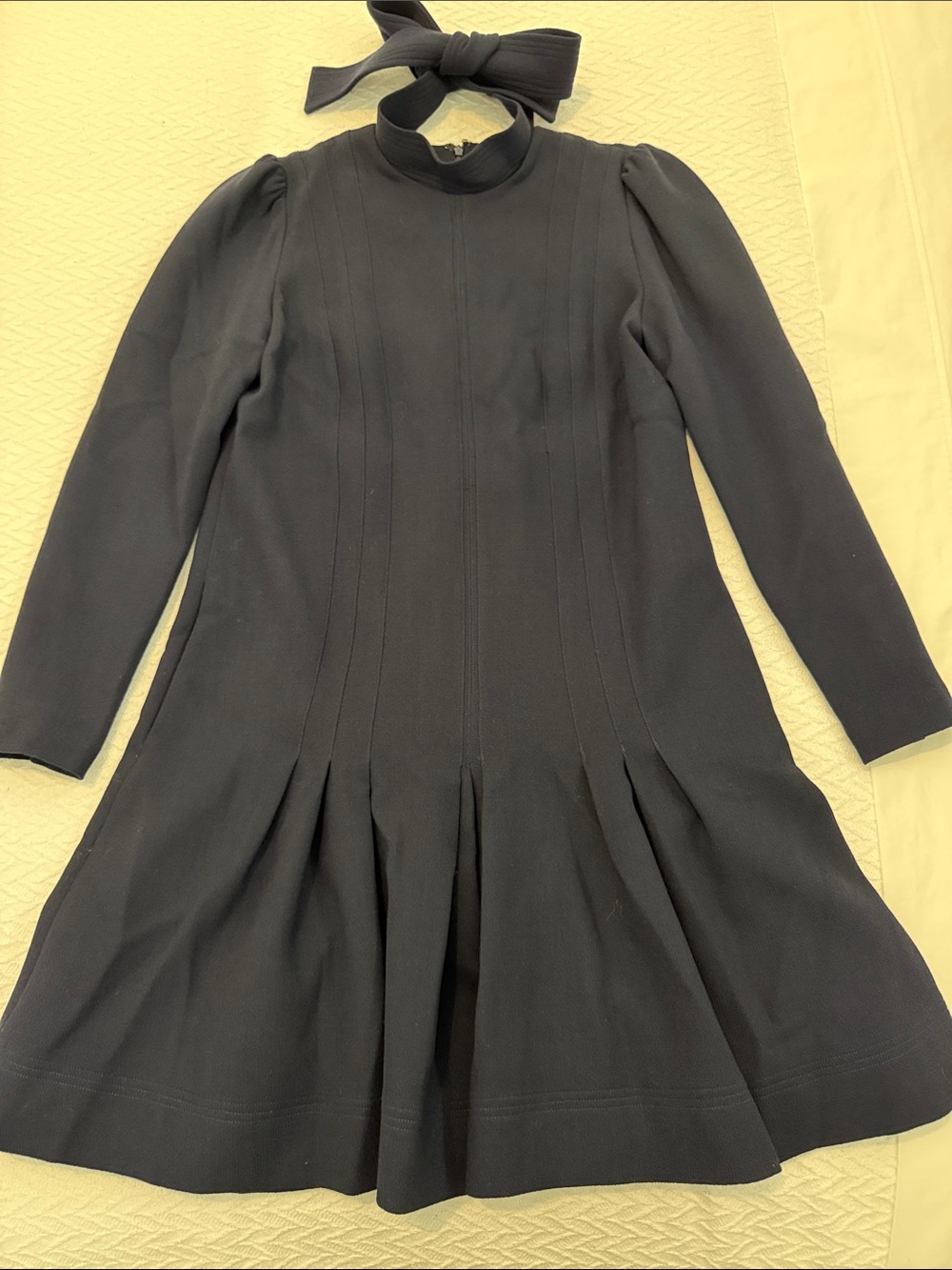 Lela Rose Navy Wool Long-Sleeve Pleated Dress with Removable Collar